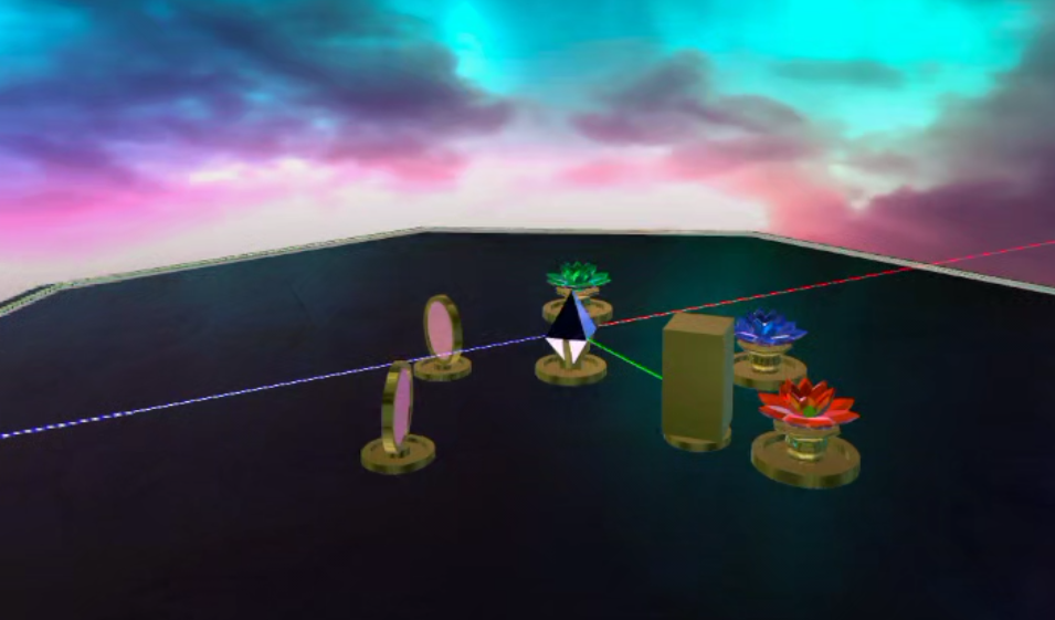 Prism, mirrors, colored crystal flowers, and a blocker on the puzzle table